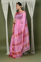 Very Much Indian Handloom Cotton Silk Maheshwari Saree With Sleek Golden Border - Rose Pink | Grocsy