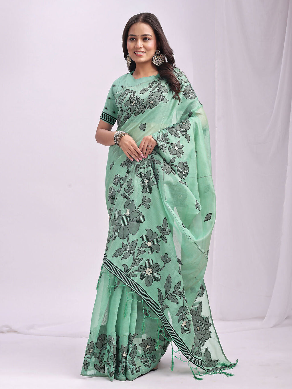 Shree Shyam Fashion Kashira Rama Green Linen Cotton Saree | Grocsy