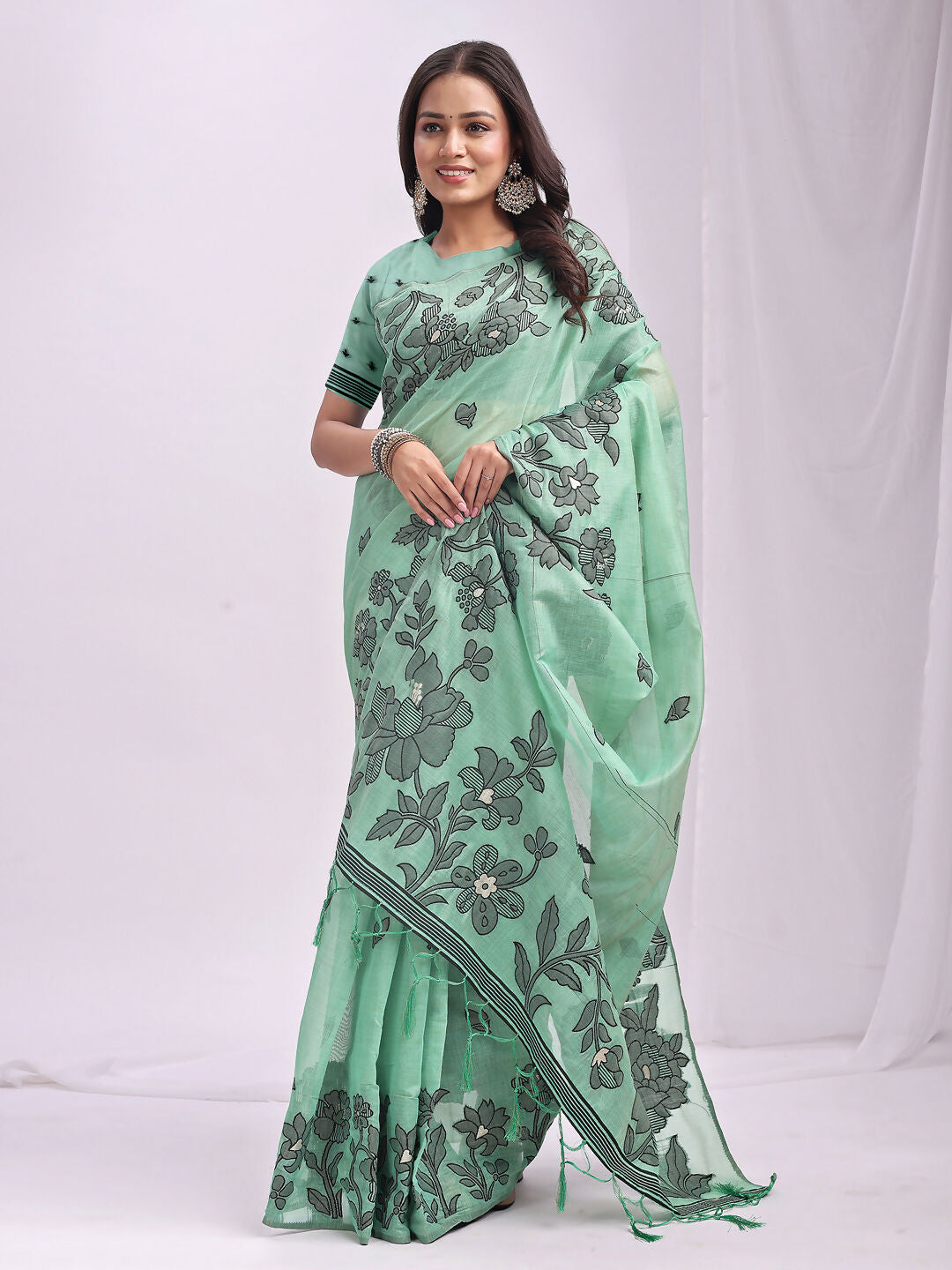 Shree Shyam Fashion Kashira Rama Green Linen Cotton Saree | Grocsy