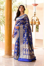 Joban Fashion Ink Blue Banarasi Soft Pure Handloom Banarasi Silk Saree | Grocsy