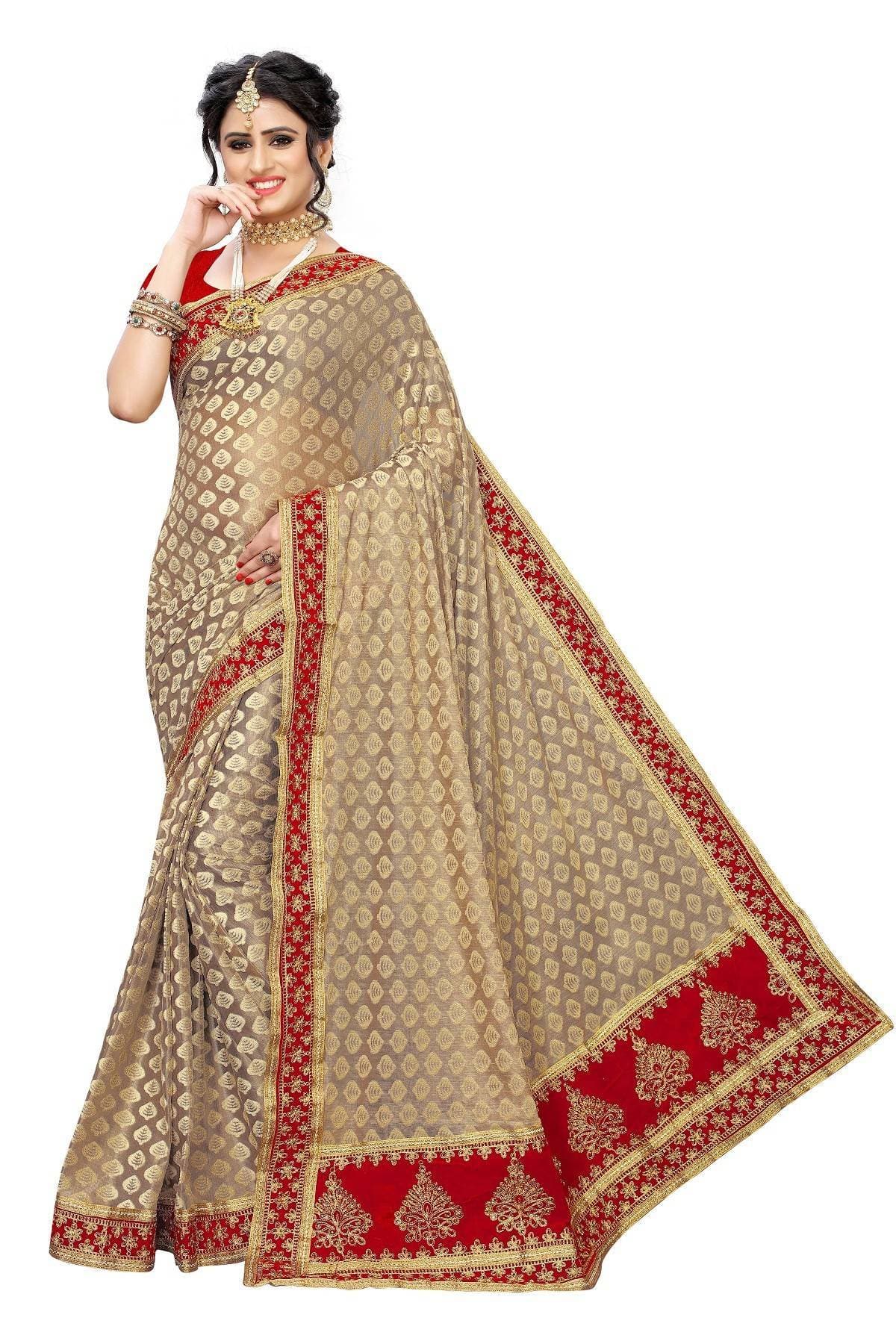 Vamika Brown and Red Terry Cotton Embroidery Saree (JHARMAR RED) | Grocsy