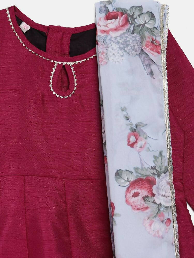 Ahalyaa Wine Poly Silk Curved Kids Kurta Palazzo Set With Bottom For Girls | Grocsy