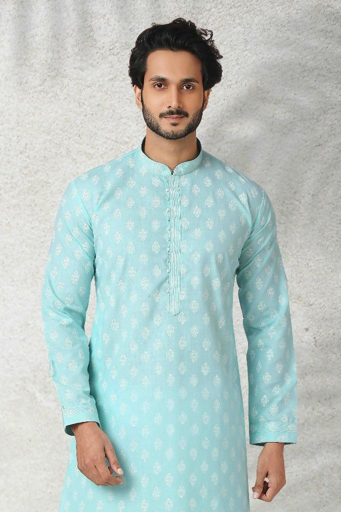 Raivat Ethnic Cotton Printed Work Kurta Pajama In Sea Green Colour | Grocsy