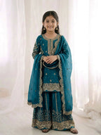 Teeya Creation New Trendy Fully Stitched Ready to Wear Kids Kurta Palazzo Set-Turquoise | Grocsy