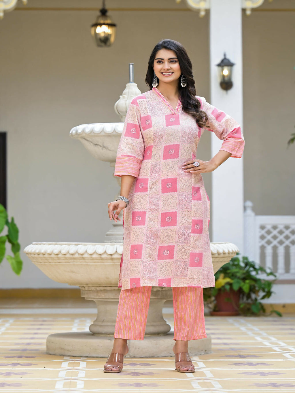 Juniper Women's Pink Floral Printed Cotton Kurta Set With Thread Work | Grocsy