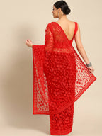 Red Woven Design Net Saree with Blouse Piece - Kalamkari | Grocsy