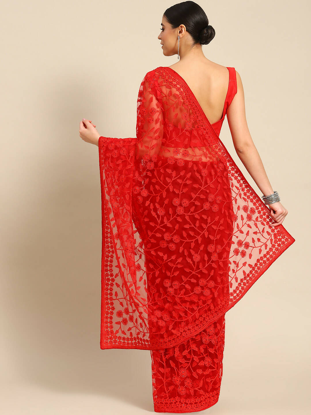 Red Woven Design Net Saree with Blouse Piece - Kalamkari | Grocsy