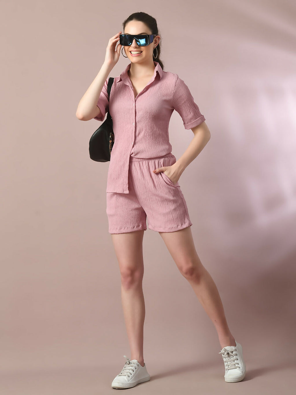 Myshka Women's Pink Solid Shirt Collar Party Shirt With Shorts Co-ord set | Grocsy