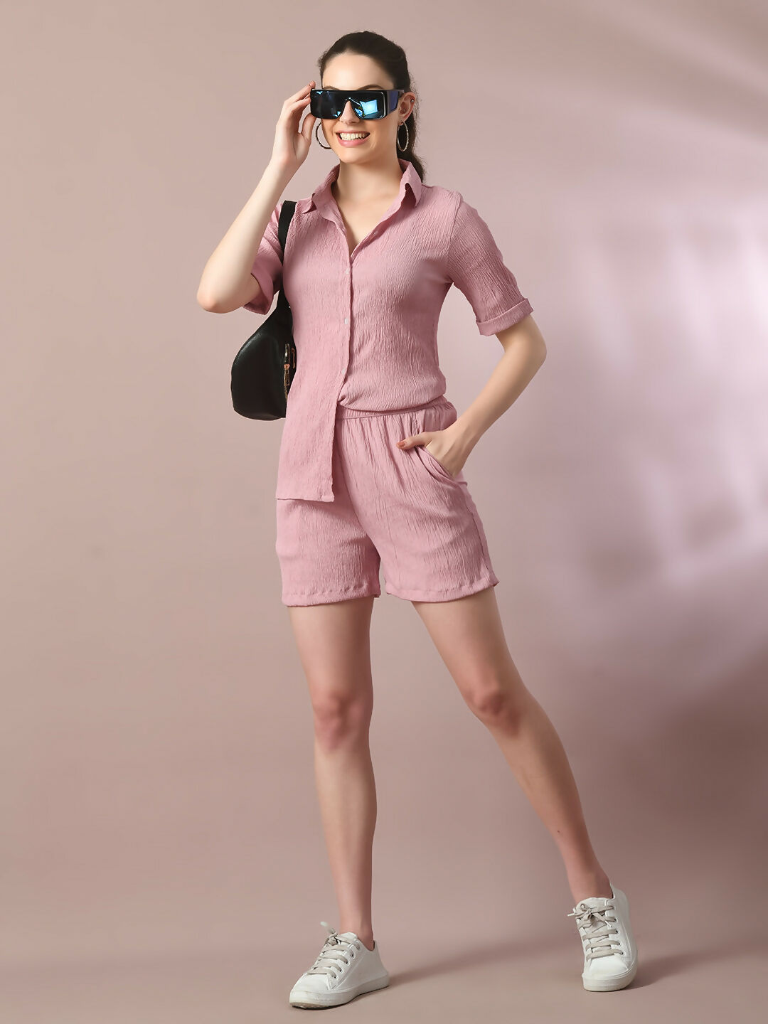 Myshka Women's Pink Solid Shirt Collar Party Shirt With Shorts Co-ord set | Grocsy