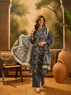 Joban Fashion Printed Navy Blue Pure Cotton Kurta Set | Grocsy