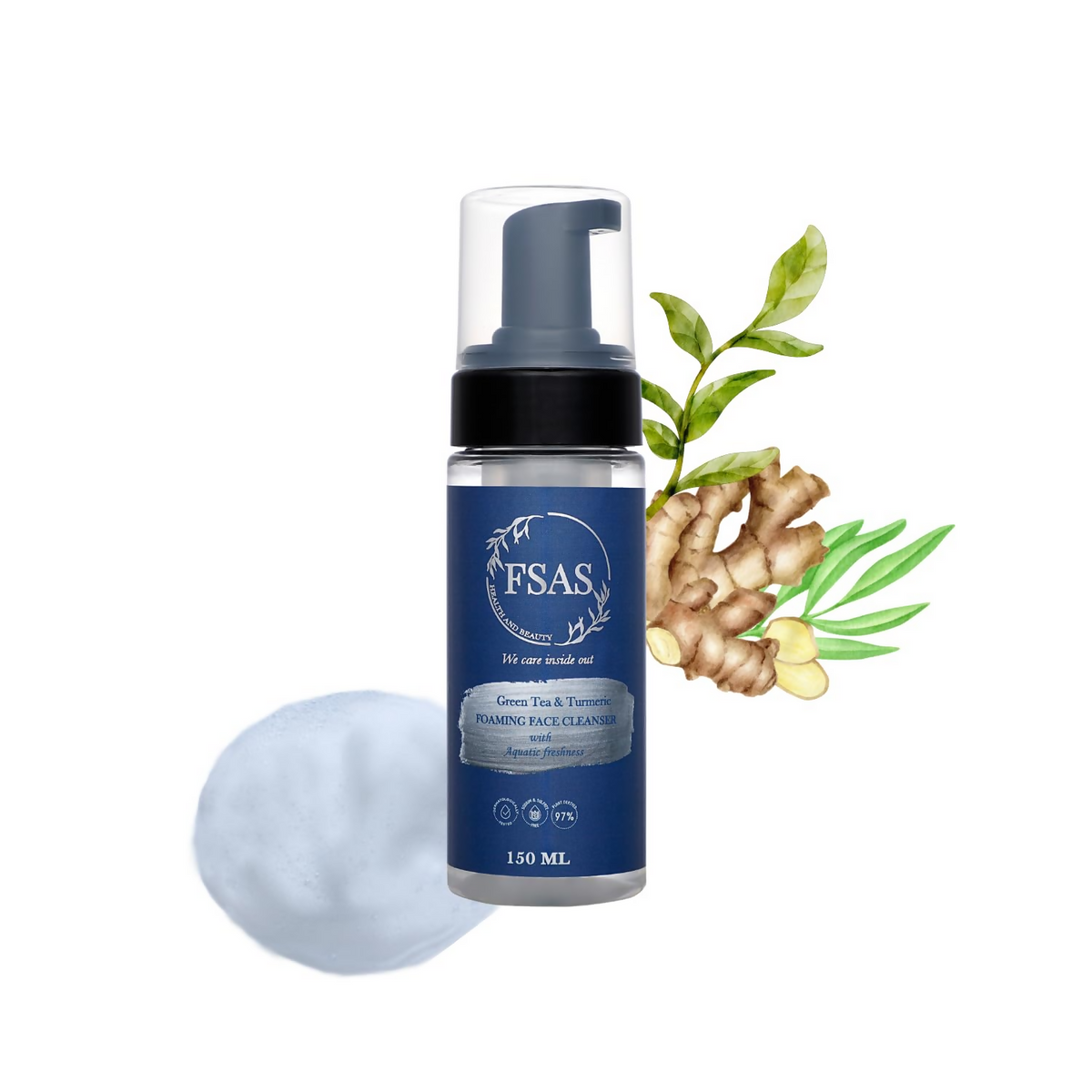 FSAS Health and Beauty 97% Plant-Derived Green Tea and Turmeric Foaming Face Cleanser | Grocsy