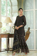 Juniper Black Georgette Festive Floral Print Straight Tunic-Sharara For Women | Grocsy