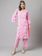 FIORRA Women's Pink Cotton A-Line Kurta Set | Grocsy