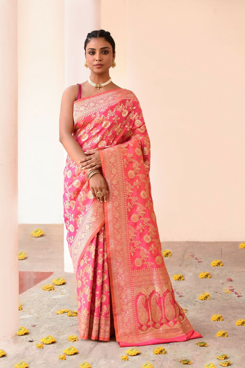 Joban Fashion Pink Peach Soft Pure Handloom Banarasi Silk Saree | Grocsy