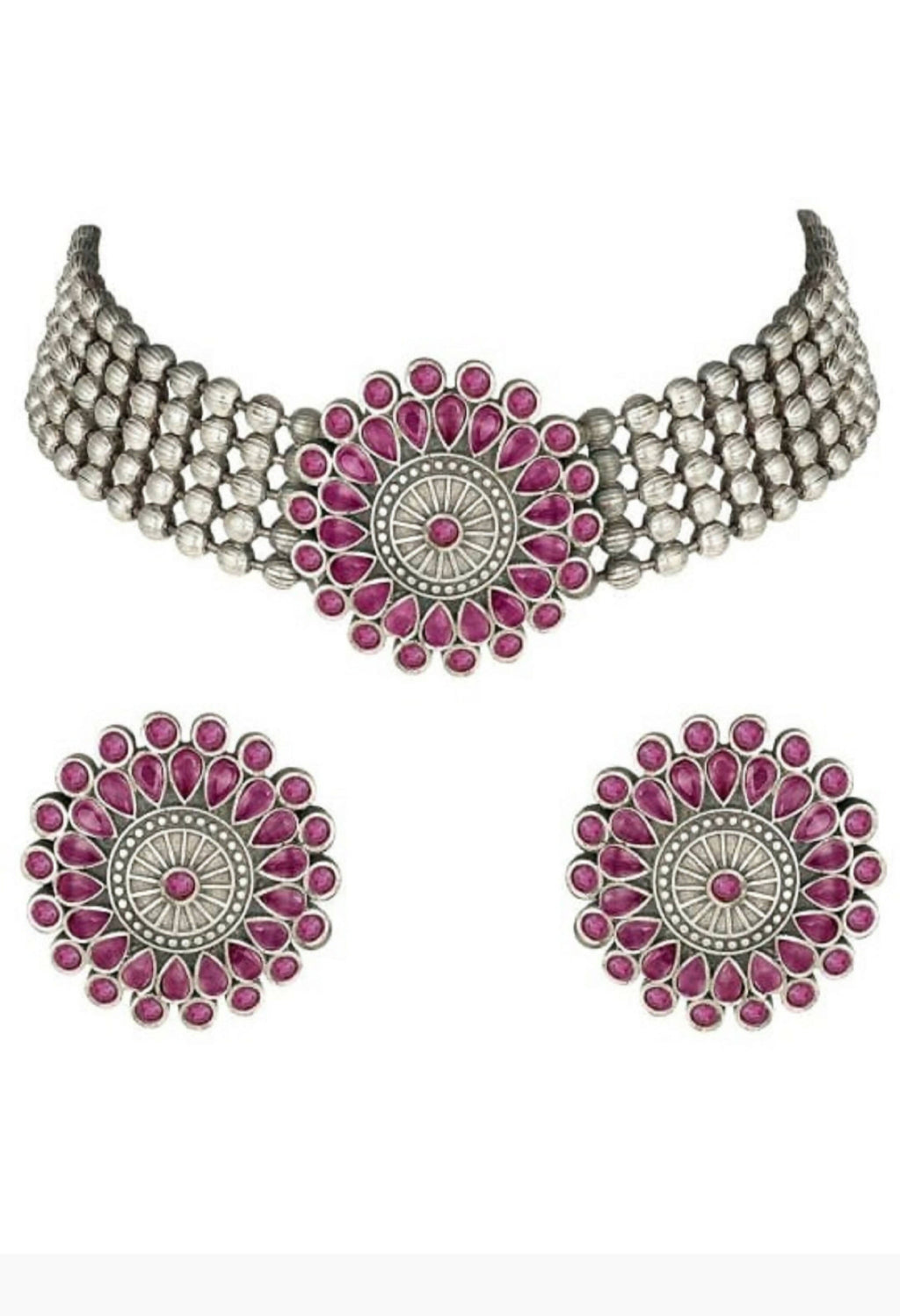 Mominos Fashion Johar Kamal Oxidised Silver-Plated Brass Finish Kundan Choker For Women (Pink) | Grocsy