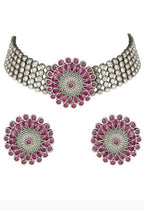 Mominos Fashion Johar Kamal Oxidised Silver-Plated Brass Finish Kundan Choker For Women (Pink) | Grocsy