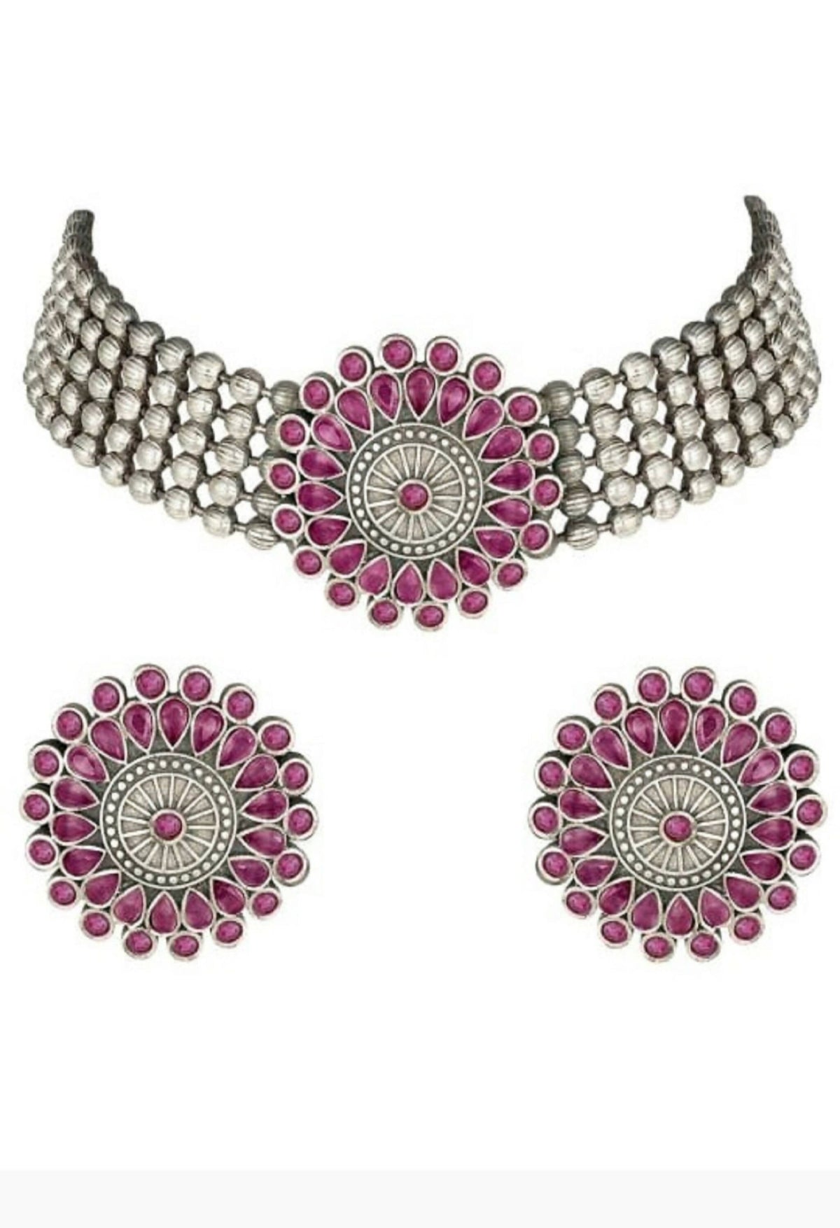Mominos Fashion Johar Kamal Oxidised Silver-Plated Brass Finish Kundan Choker For Women (Pink) | Grocsy