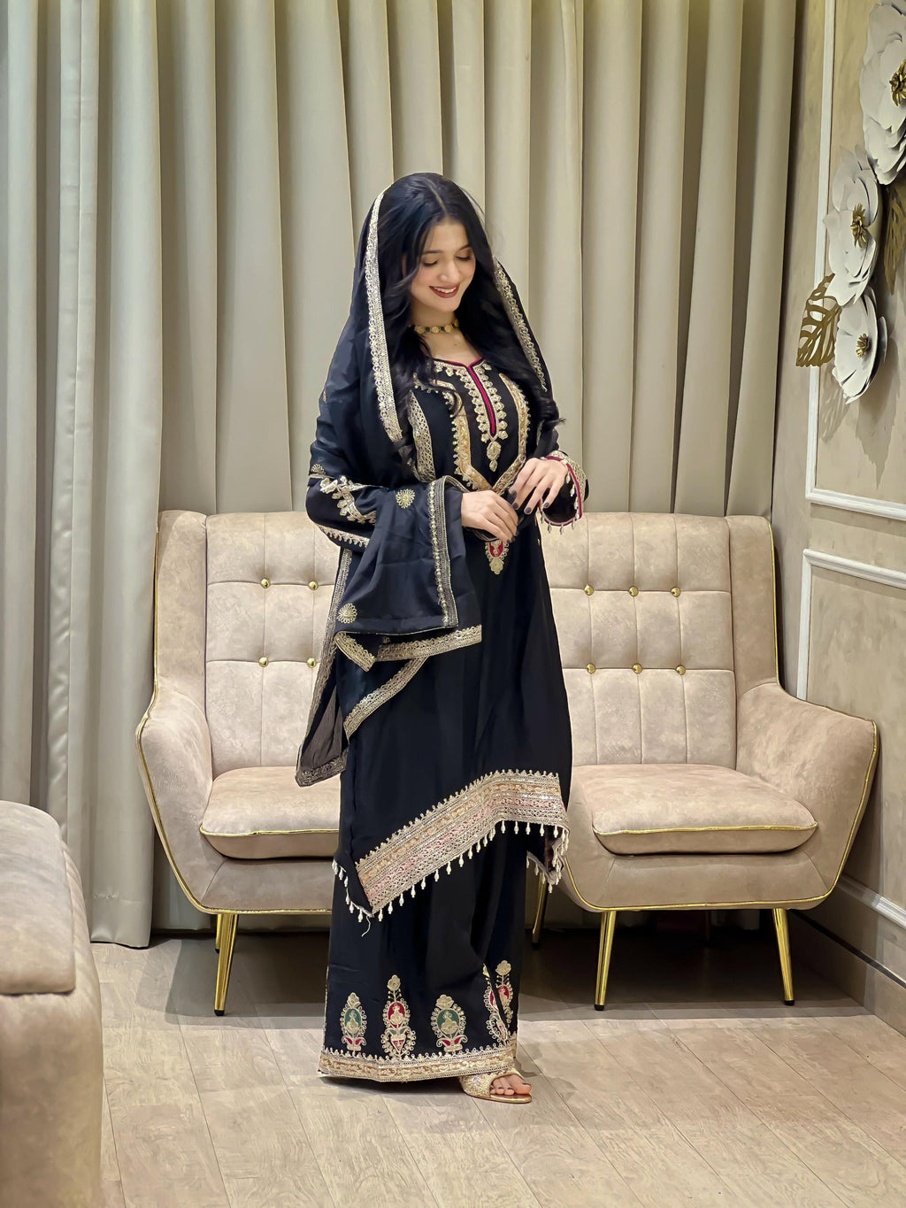 Teeya Creation Black Color Chinon Silk Party Wear Trending Palazzo Set | Grocsy