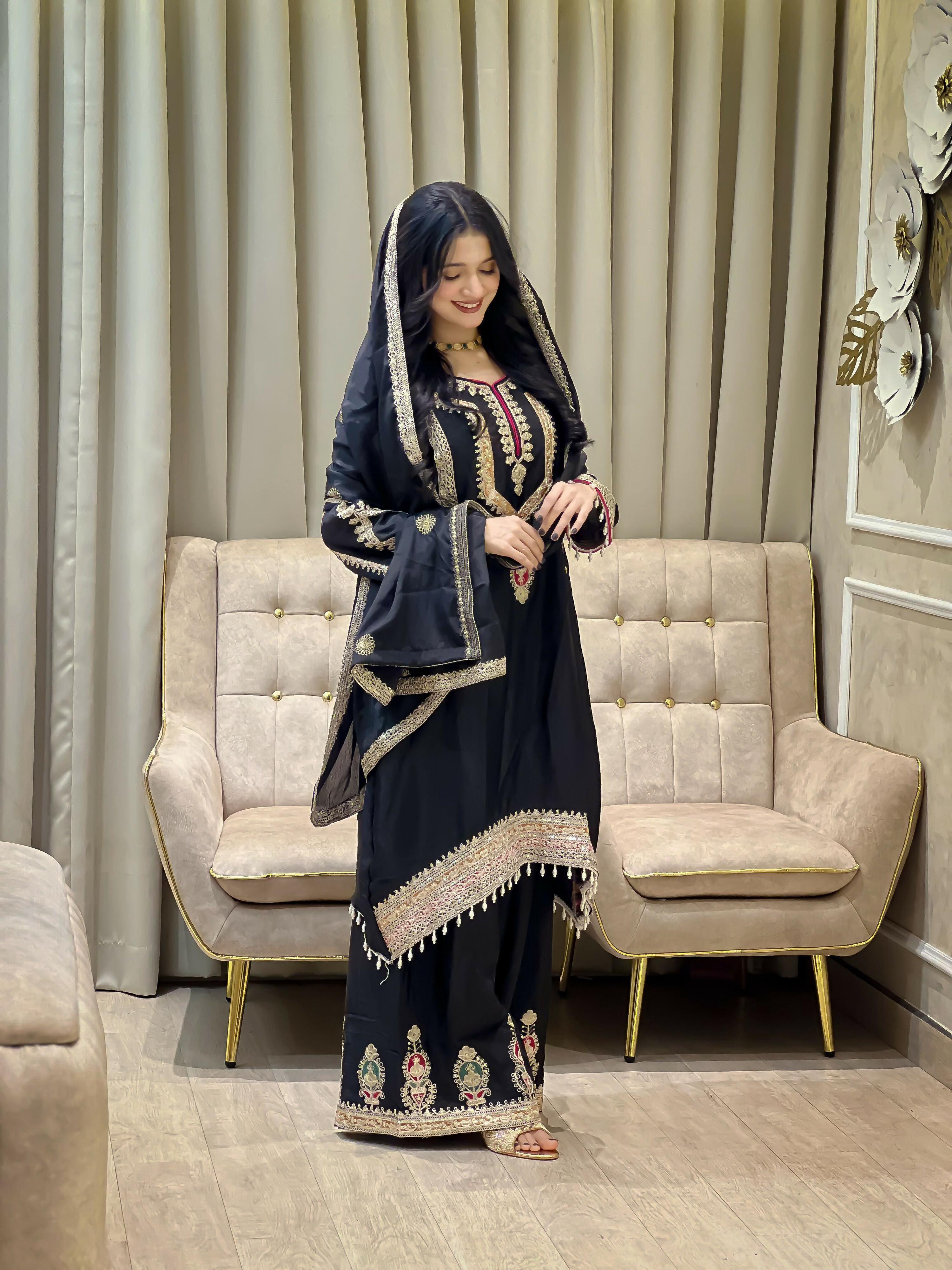 Teeya Creation Black Color Chinon Silk Party Wear Trending Palazzo Set | Grocsy