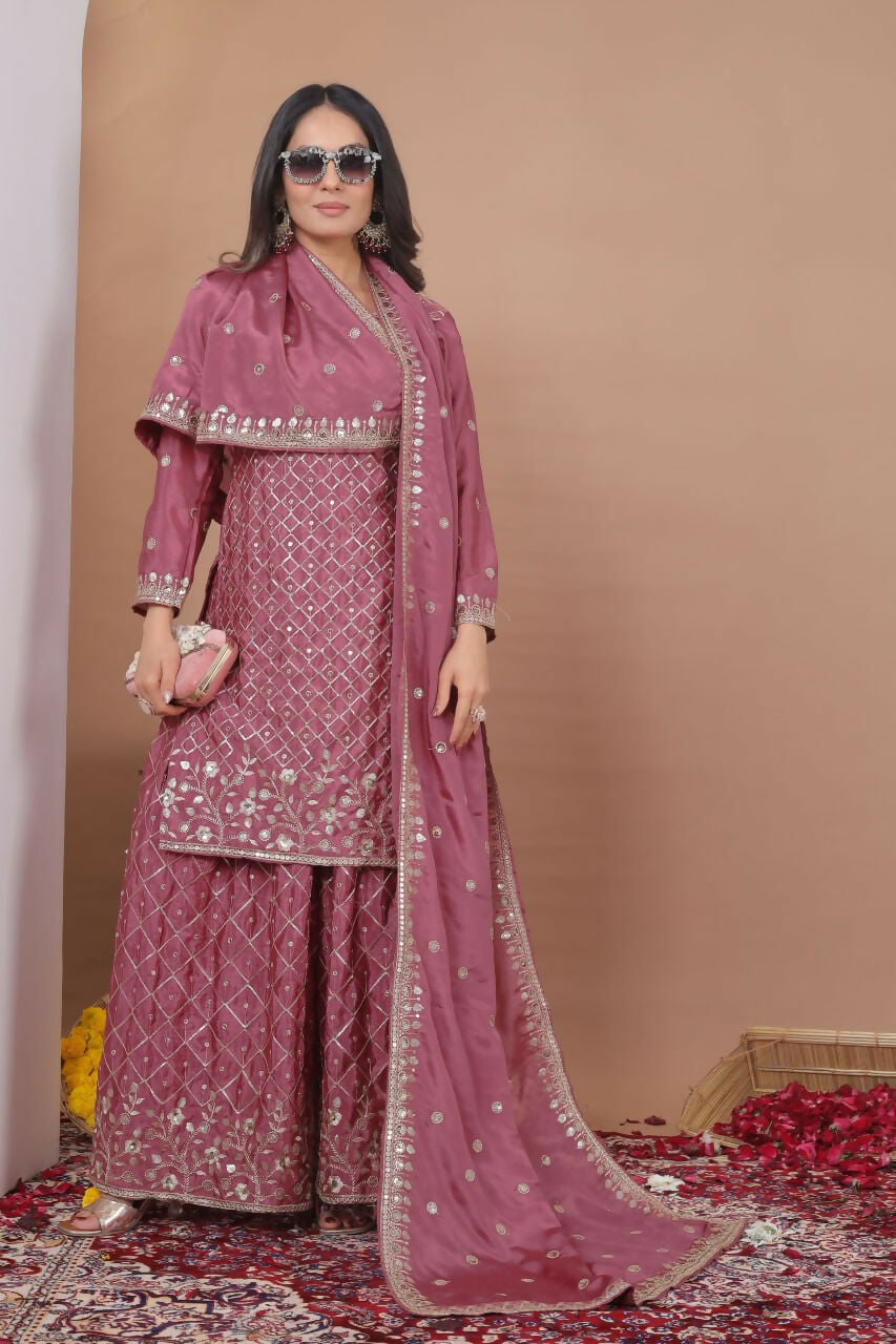 Teeya Creation Dark Onion Color Chinon Silk Wedding Wear Trending Palazzo Set | Grocsy