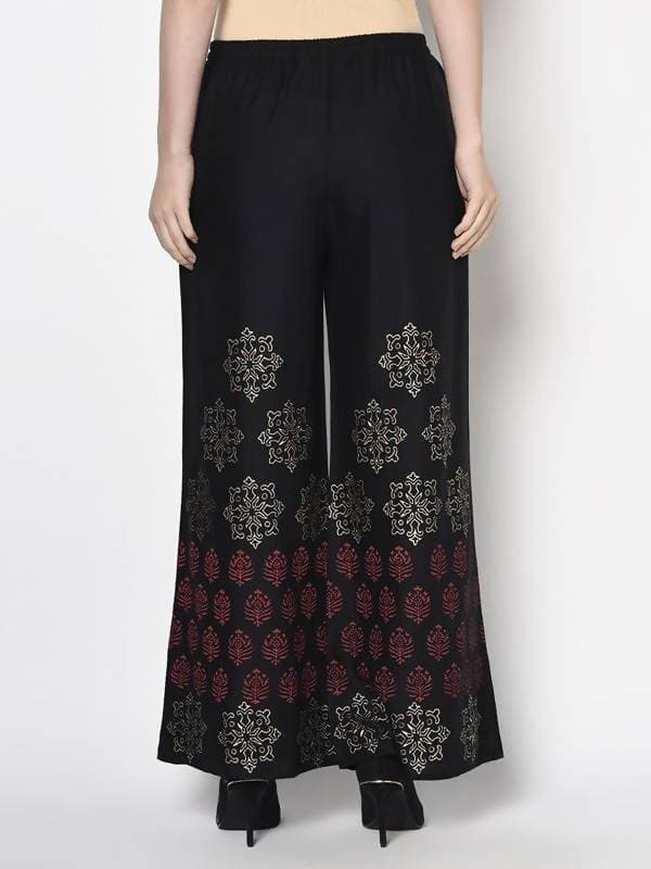 Aniyah Rayon Black Color Block Print Flared Slip-On Palazzo (AN-188K) | Grocsy