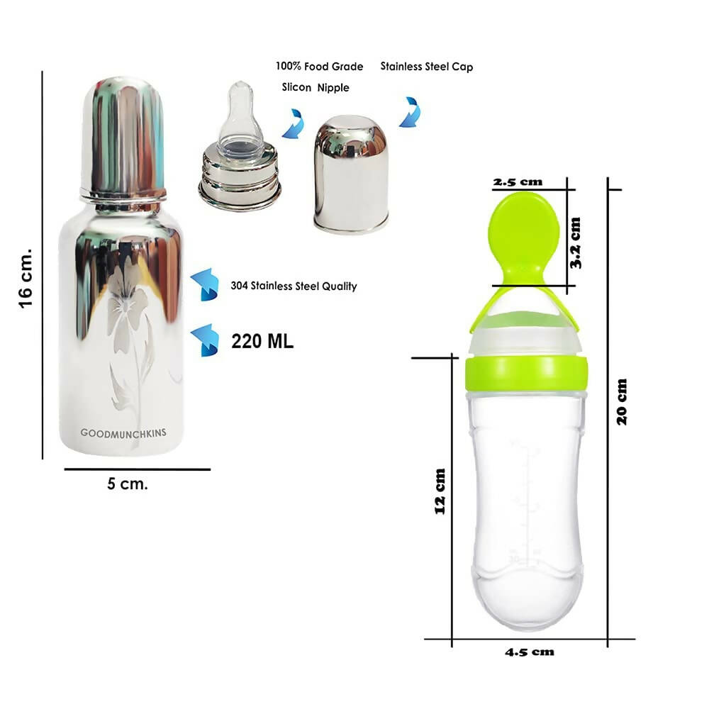 Goodmunchkins Stainless Steel Feeding Bottle, Food Feeder & Fruit Feeder Combo for Baby-(Green-Yellow, 220ml) | Grocsy