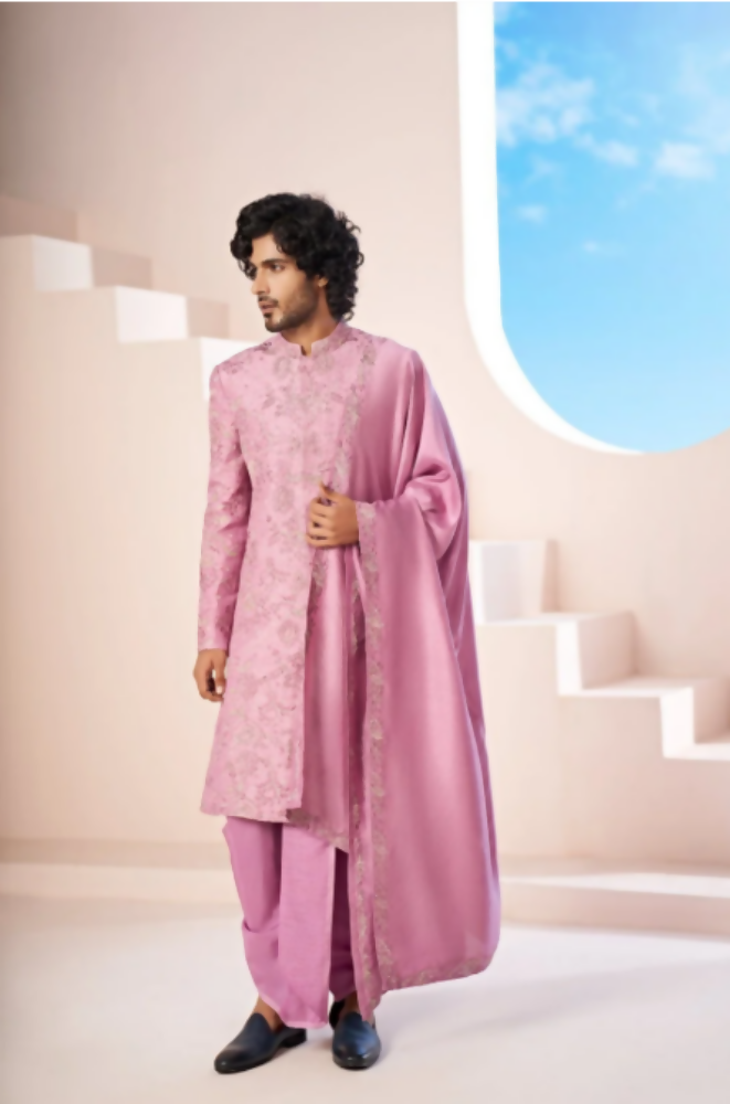 Majestic Orchid Falling Raw Silk Sherwani Set With Intricate Embroidery And Draped Dupatta by Hilo Design | Grocsy