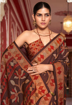 Monjolika Fashion Silk Blend Brown Printed Saree | Grocsy