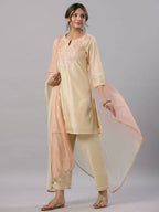 Juniper Women Gold Modal Chanderi Embroidered Kurta, Pants and Dupatta Set | Grocsy
