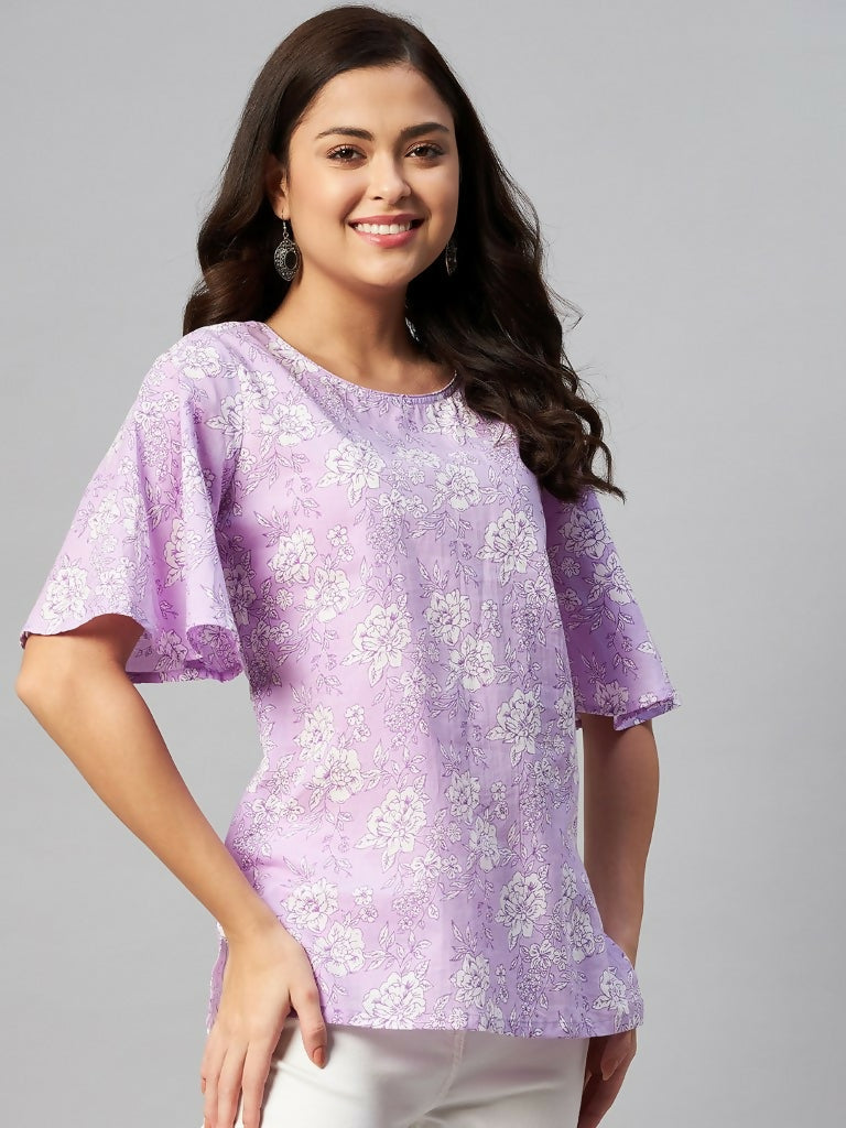Miravan Women's Lavender-Coloured Bell Sleeve Floral Print Kurti | Grocsy