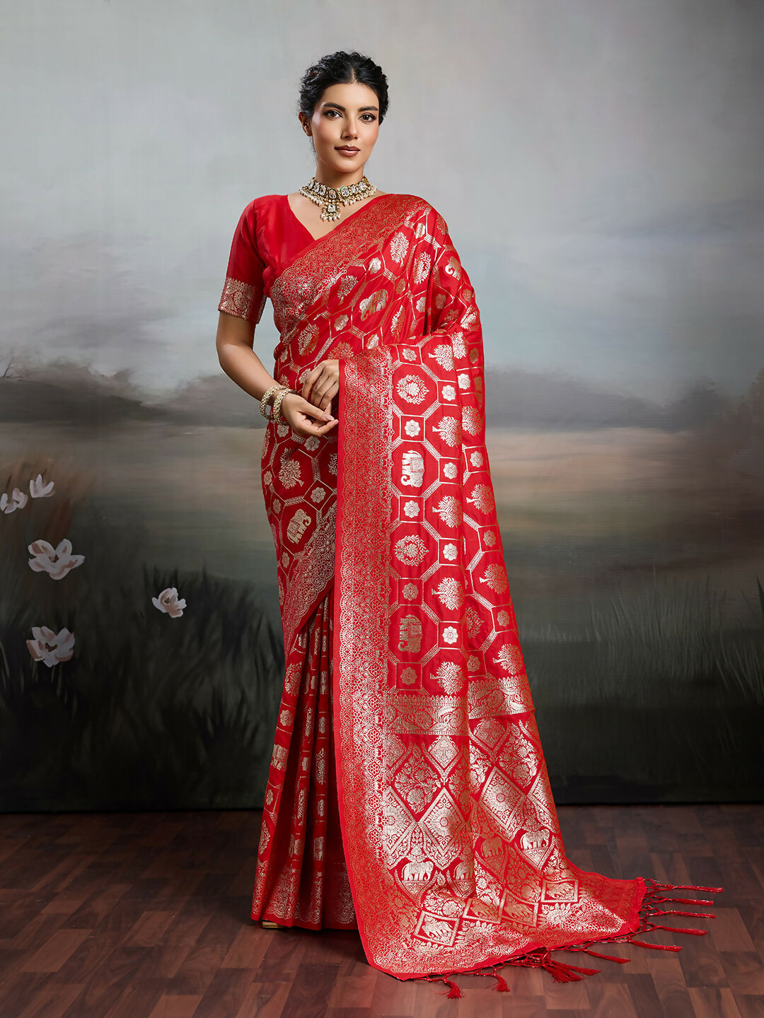 Shree Shyam Fashion Red Silk Blend Saree | Grocsy
