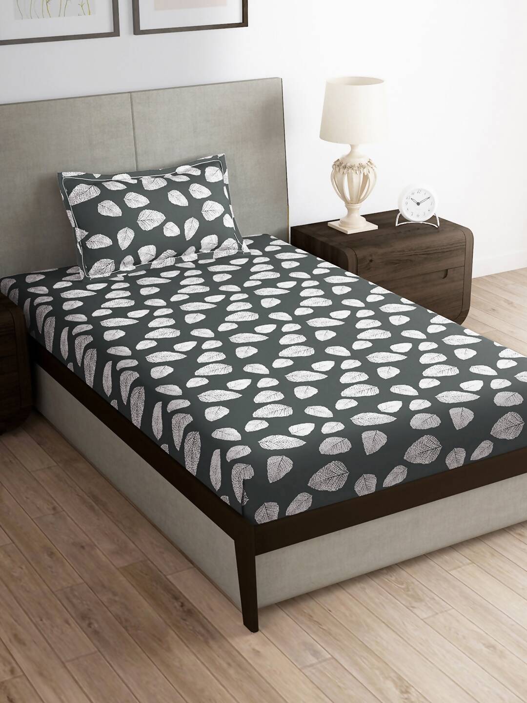 Story@home Arena Grey & White Floral Printed 180 TC Bedsheet & Pillow Covers | Grocsy