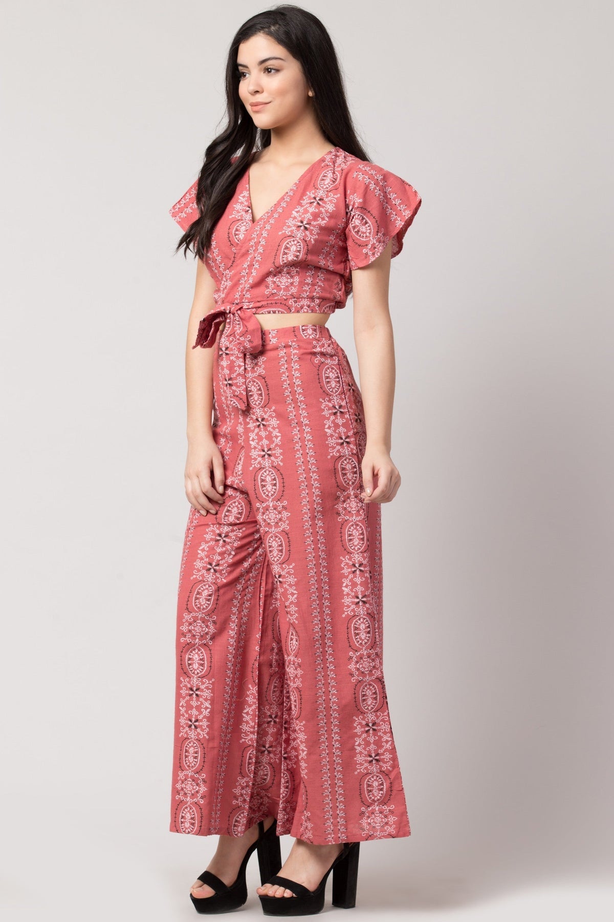 PAVONINE Peach Color Printed Crop Top And Flared Palazzo Set For Girls & Women | Grocsy