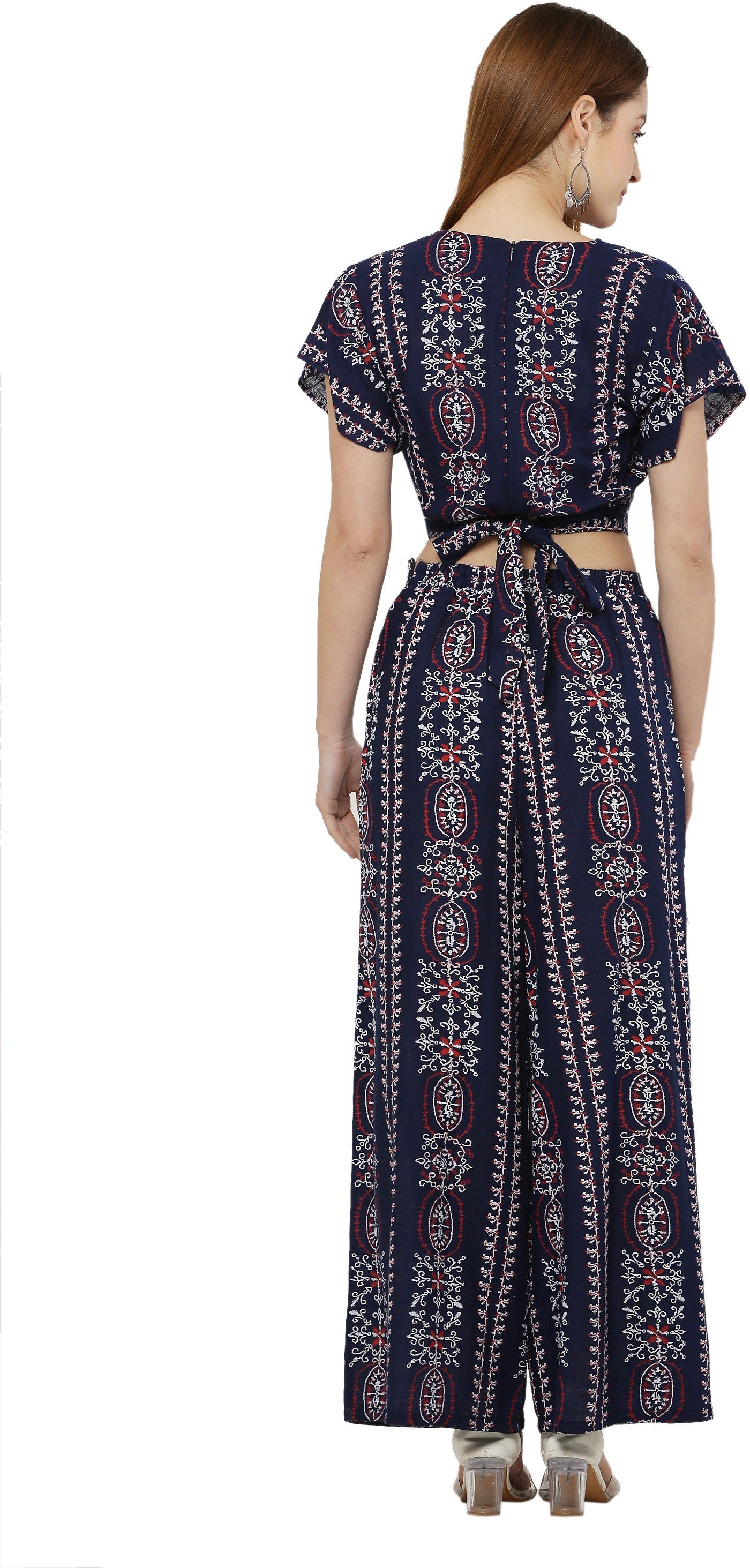 PAVONINE Navy Blue Color Printed Crop Top And Flared Palazzo Set For Girls & Women | Grocsy