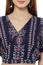 PAVONINE Navy Blue Color Printed Crop Top And Flared Palazzo Set For Girls & Women | Grocsy
