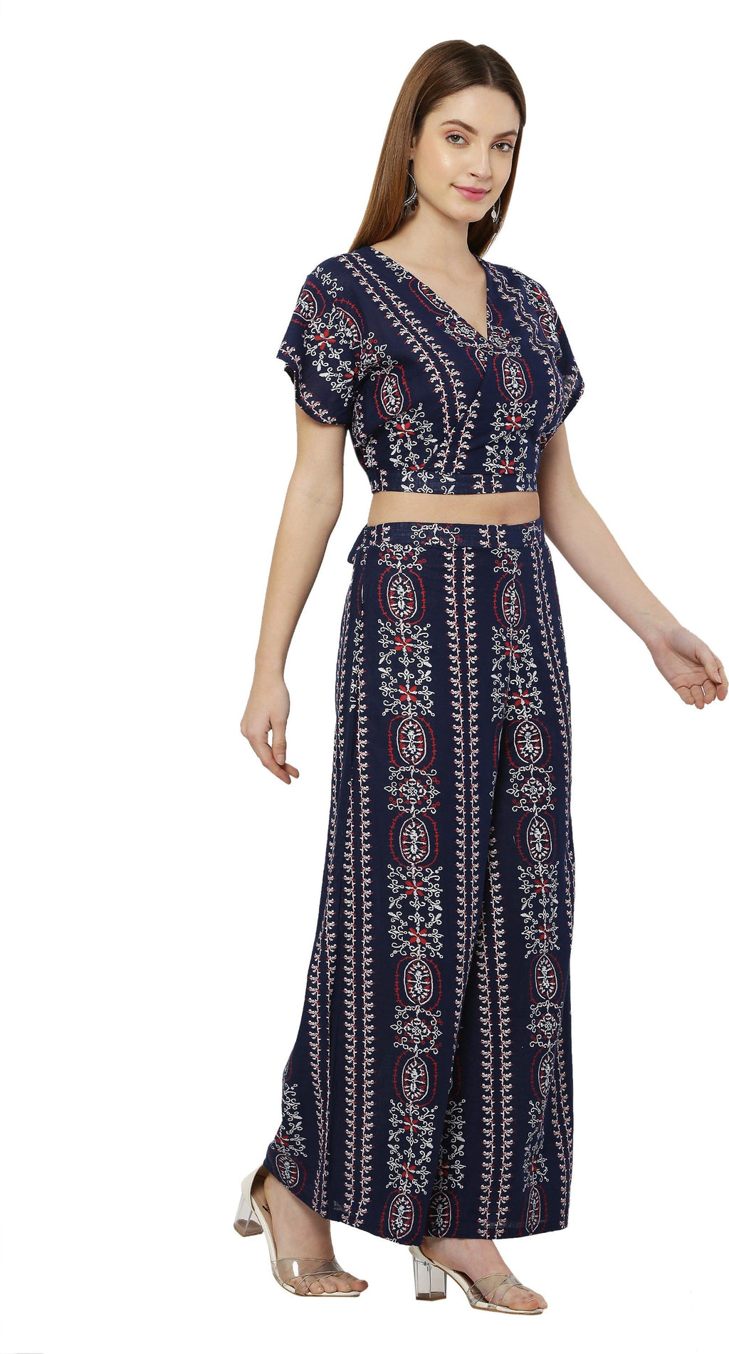 PAVONINE Navy Blue Color Printed Crop Top And Flared Palazzo Set For Girls & Women | Grocsy