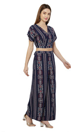 PAVONINE Navy Blue Color Printed Crop Top And Flared Palazzo Set For Girls & Women | Grocsy