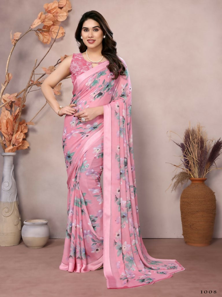 Designer Partywear Pink Bright Moss Satin Patta Fancy Saree - Kanak | Grocsy