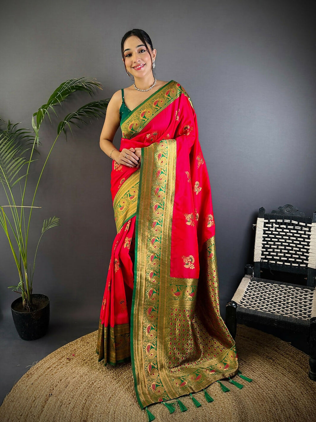 Joban Fashion Banarasi Red Woven Soft Silk Saree | Grocsy