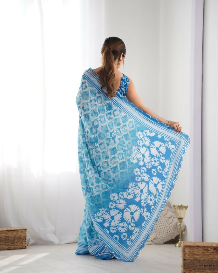 Blue Chinon Designer Digital Printed & Mirror Cut Work Saree - Kriti | Grocsy