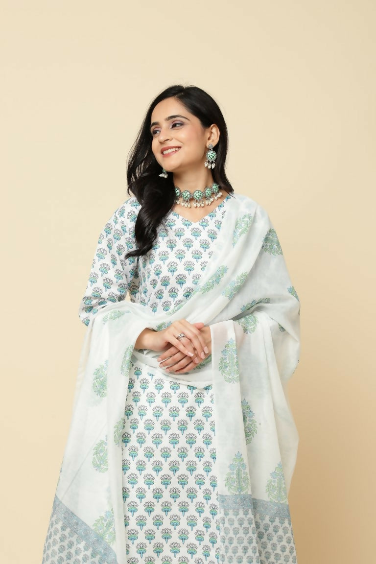 Designer Stylish Skyblue Cotton Blend Stitched Suit With Dupatta - Tanisha | Grocsy
