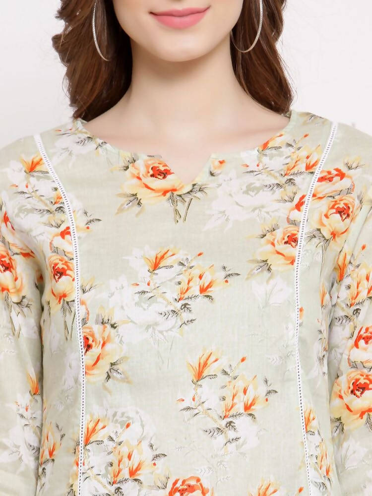 Myshka Women's Off White Cotton 3/4 Sleeve Round Neck Printed Casual Tunic | Grocsy