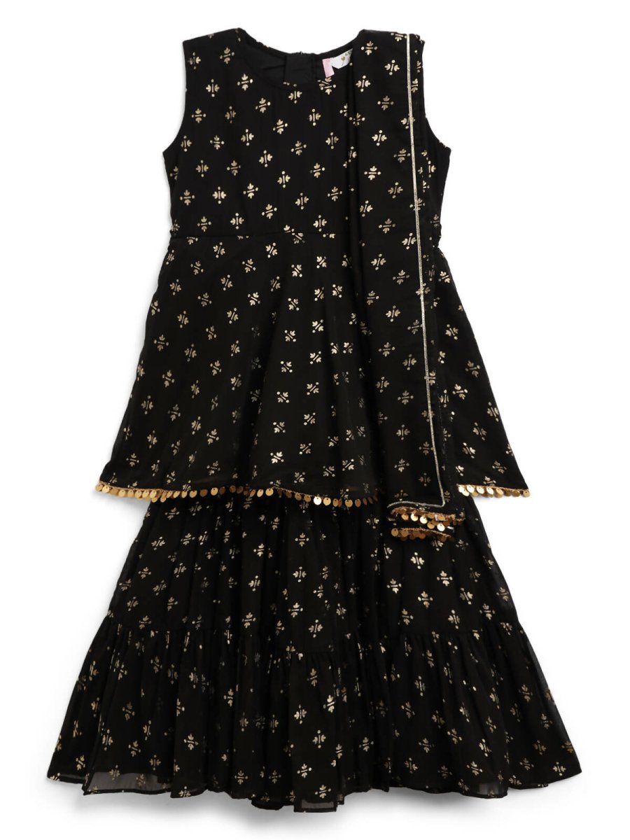 Ahalyaa Black Georgette Gold Foil Print Kids Peplum style Kurta Sharara Set With Dupatta For Girls | Grocsy