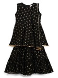 Ahalyaa Black Georgette Gold Foil Print Kids Peplum style Kurta Sharara Set With Dupatta For Girls | Grocsy