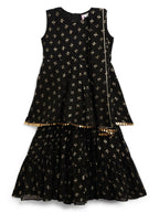 Ahalyaa Black Georgette Gold Foil Print Kids Peplum style Kurta Sharara Set With Dupatta For Girls | Grocsy
