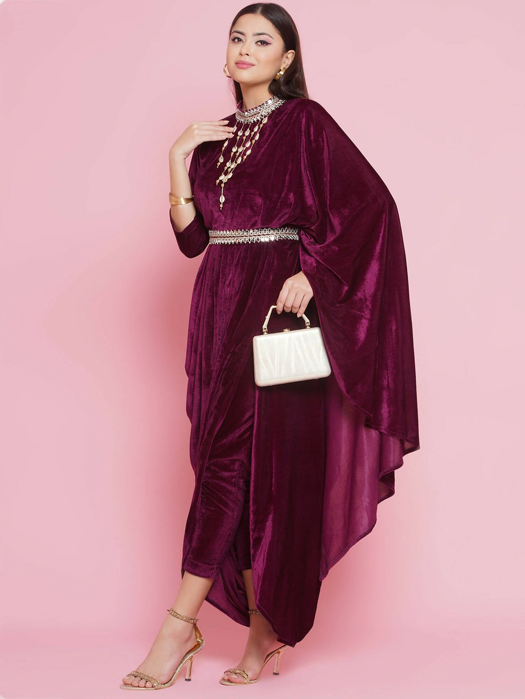 Women Republic Burgundy Velvet Kurta With Attached Neckalace,Belt And Pant | Grocsy