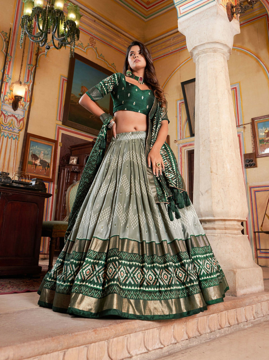 Vastranavya Occasionaly Tussar Silk Dot And Ikkat Print With Foil Work Lehenga Choli - Green | Grocsy