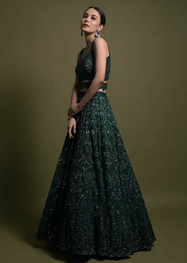 Jyoti Fashion Women's Dark Green Net Sequins with Dori & Thread Embroidered Designer Lehenga Choli Set | Grocsy