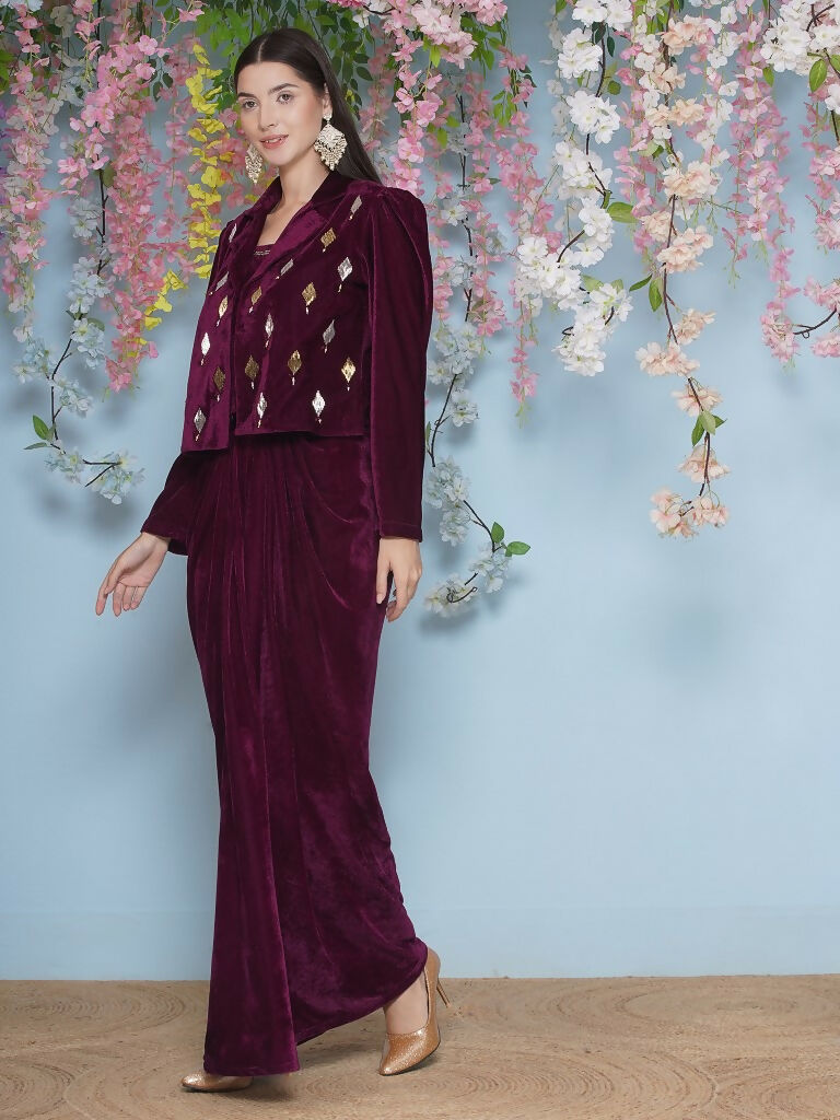 Joban Fashion Wine Hand Embellished Jacket with inner and skirt | Grocsy