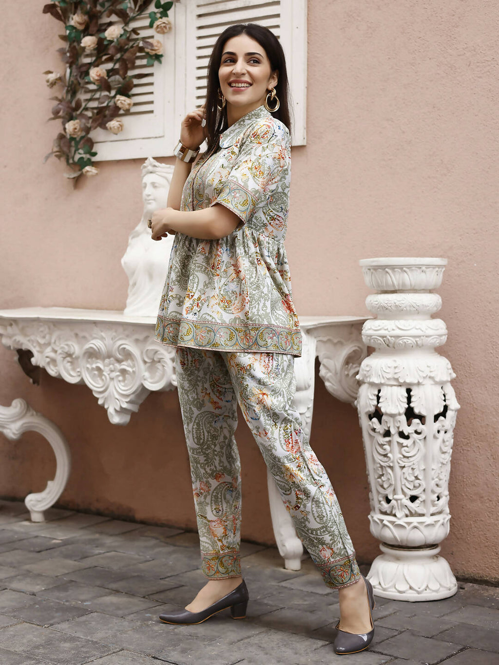 Off White Rayon Paisley Printed Top with Matching Bottom - Eesha | Grocsy